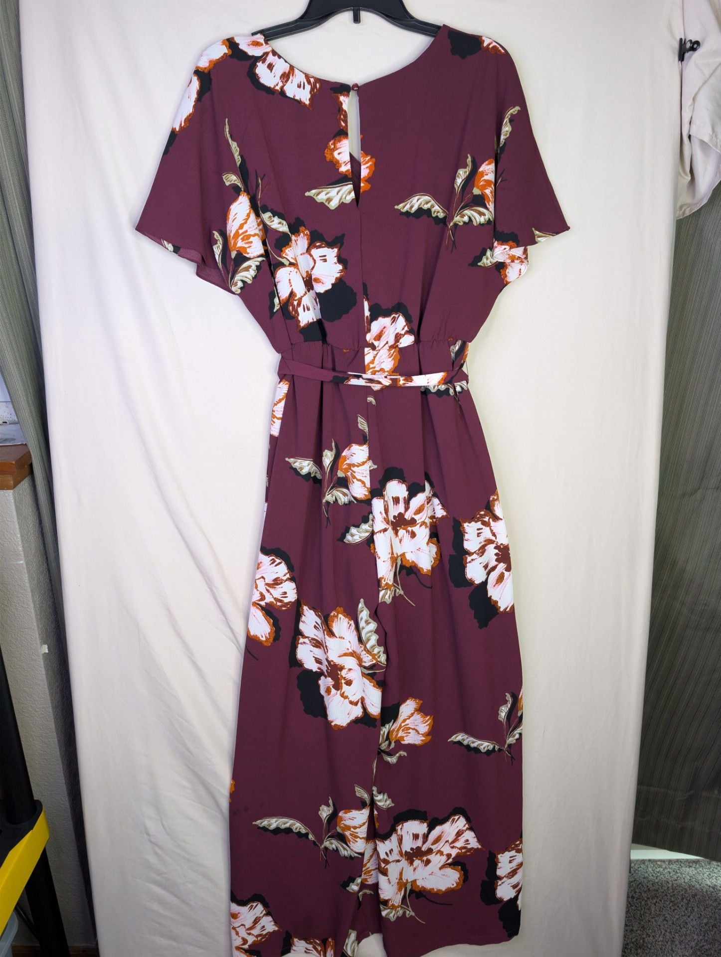 AUW Women's Burgundy Floral Print Faux Wrap Short Sleeve Jumpsuit 7