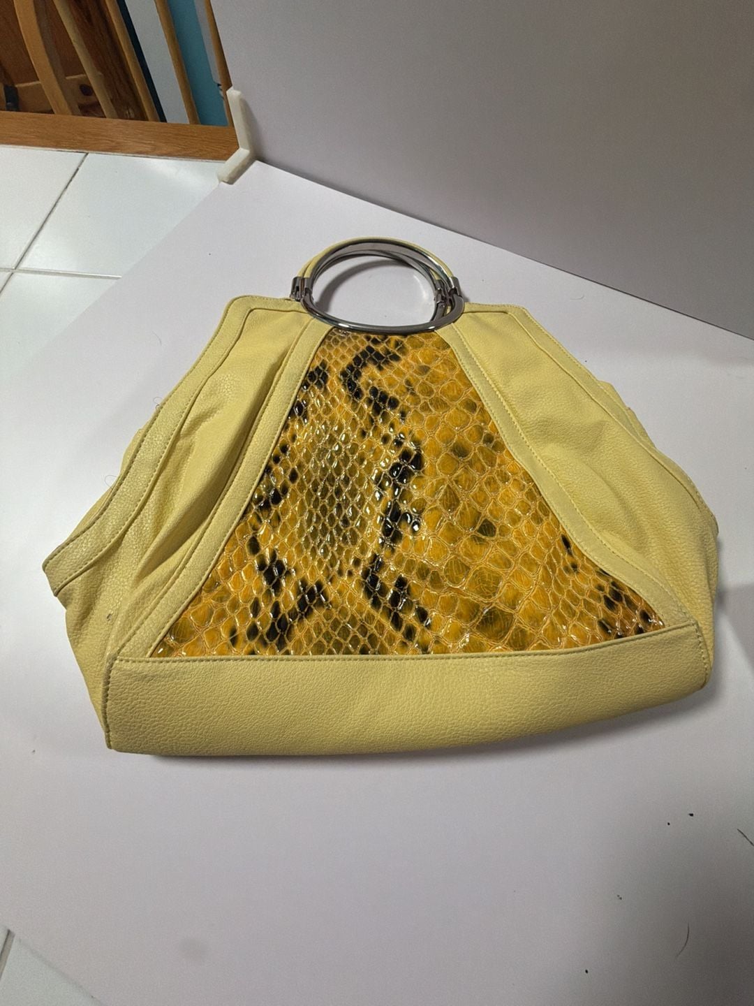 Yellow Pebble Leather and Snake Print Hobo Handbag with Silver-Tone Metal Ring Handles 2