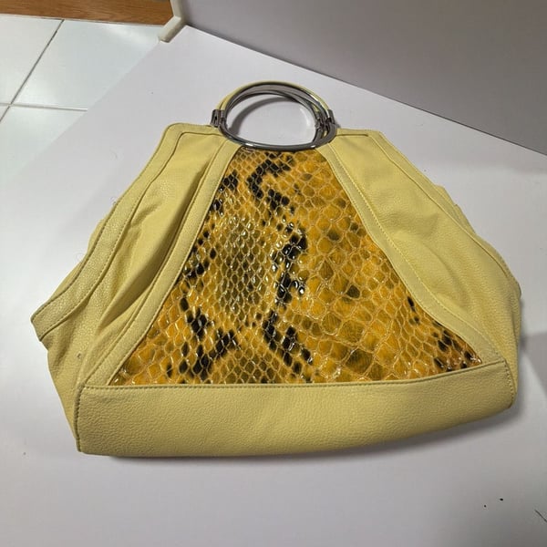 Yellow Pebble Leather and Snake Print Hobo Handbag with Silver-Tone Metal Ring Handles
