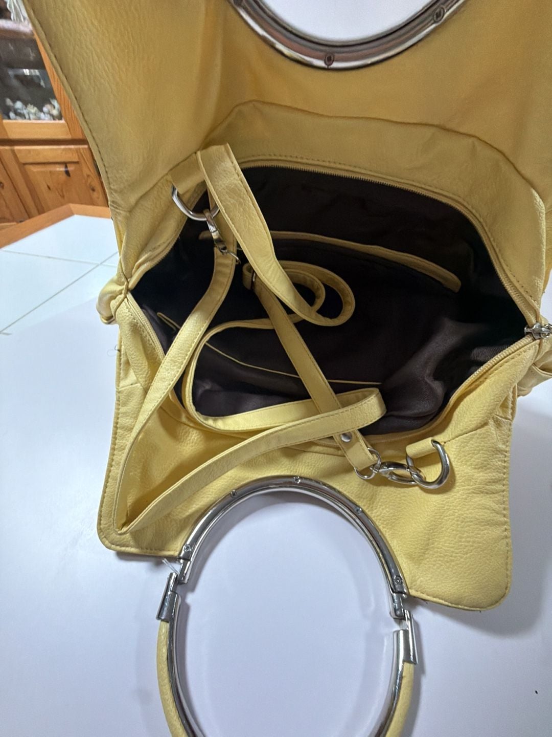 Yellow Pebble Leather and Snake Print Hobo Handbag with Silver-Tone Metal Ring Handles 3