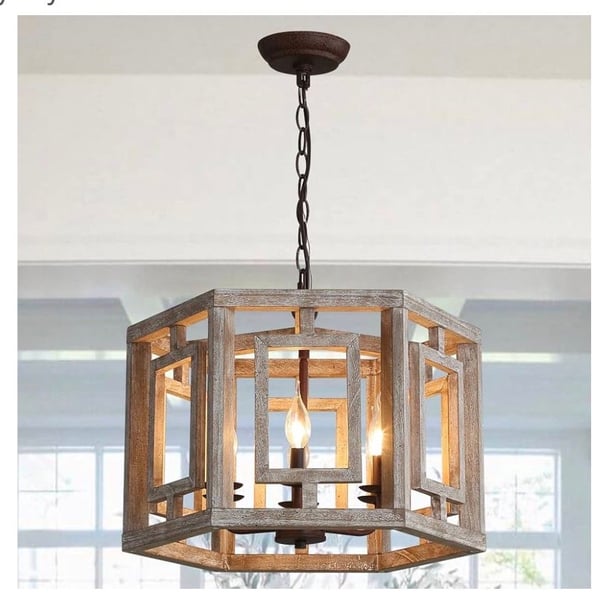 Cozy Homez Farmhouse Weathered Wood 4-Light Square Cage Chandelier Model NK01