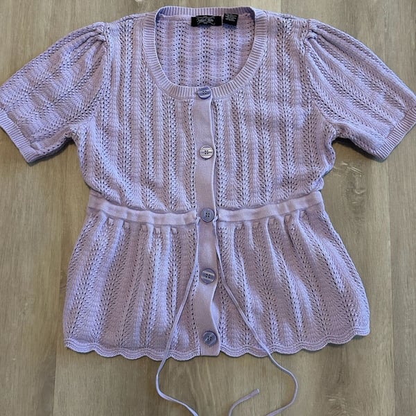 Crystal Kobe Lavender Cotton Pointelle Short Sleeve Button Front Cardigan