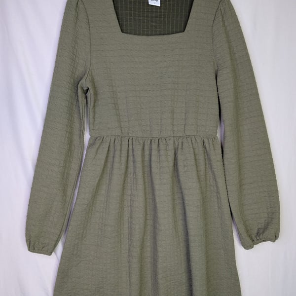 Doreyi Women's Long Sleeve Square Neck Textured Babydoll Dress