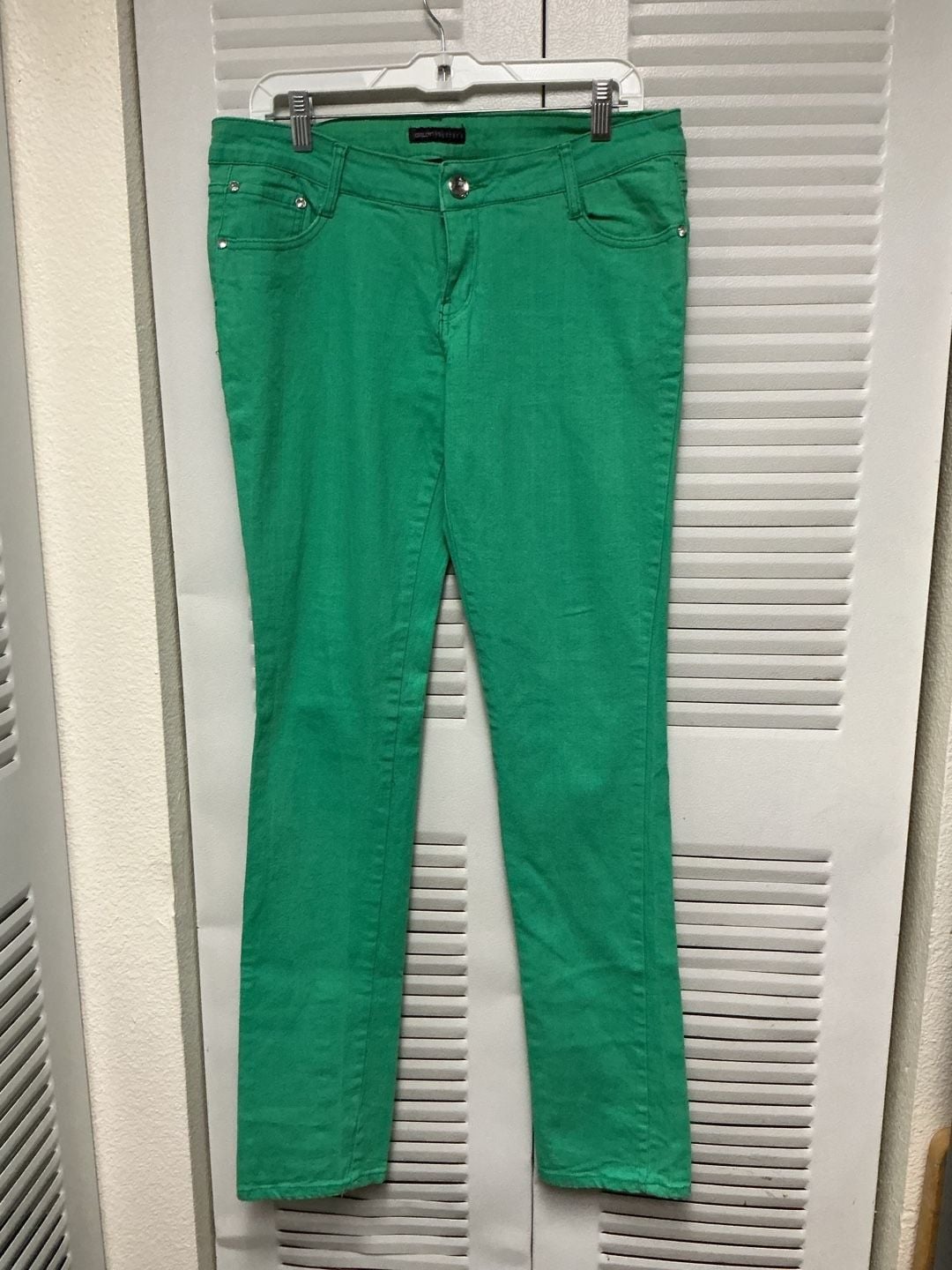 Decoded Women's Green Straight Leg Denim Jeans with Rhinestone Button 5