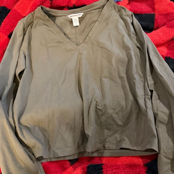 Athleta Olive Green V-Neck Long Sleeve Pullover Top