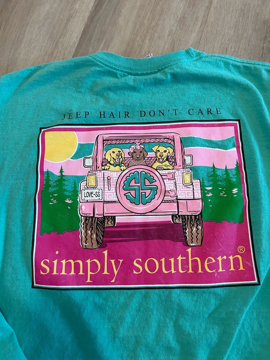 Simply Southern Jeep Hair Don't Care Long Sleeve Graphic T-Shirt Teal Large 5