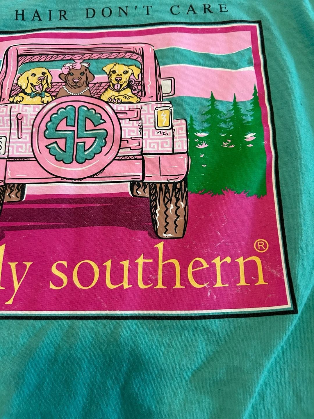 Simply Southern Jeep Hair Don't Care Long Sleeve Graphic T-Shirt Teal Large 6