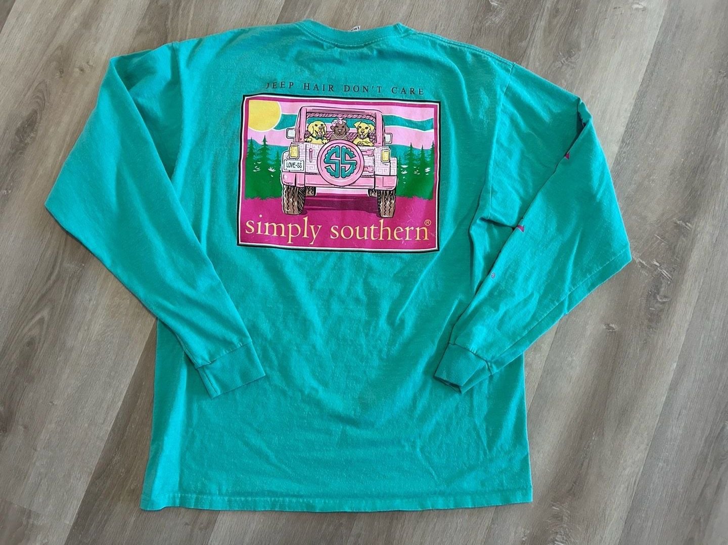Simply Southern Jeep Hair Don't Care Long Sleeve Graphic T-Shirt Teal Large 4