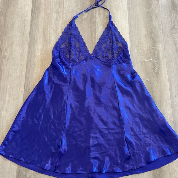 Frederick's of Hollywood Royal Blue Satin and Lace Halter Chemise Nightie