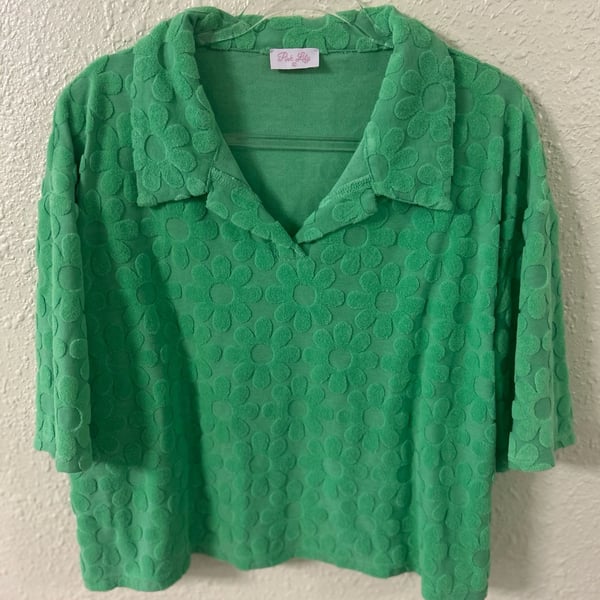 Pink Lily Green Floral Textured Terry Lounge Set