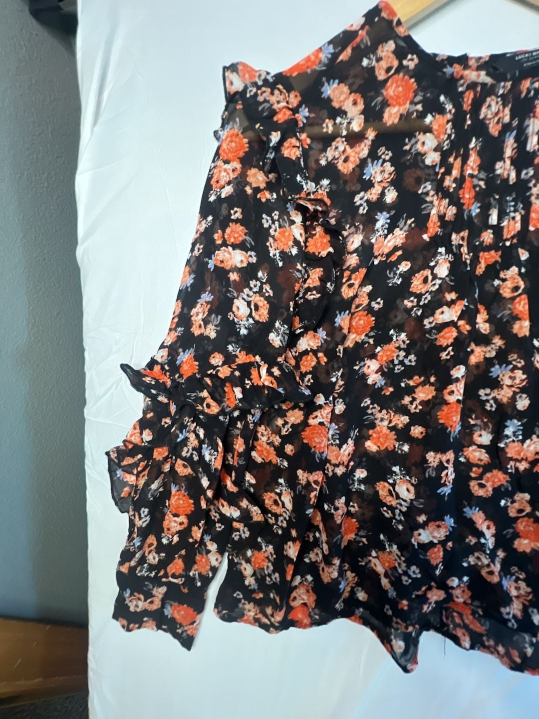 Lucky Brand Womens Black Floral Print Ruffled Long Sleeve Chiffon Blouse 5