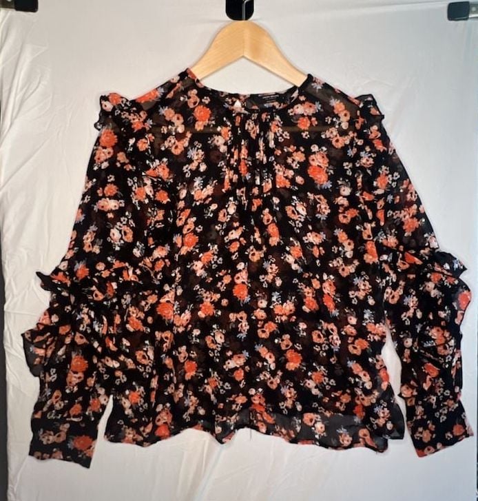 Lucky Brand Womens Black Floral Print Ruffled Long Sleeve Chiffon Blouse 3