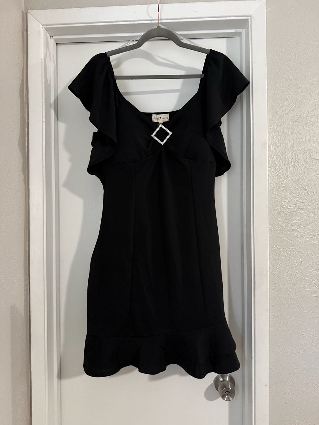 Derek Heart Women's Black Ruffle Sleeve Mini Dress with Rhinestone Brooch Detail 2