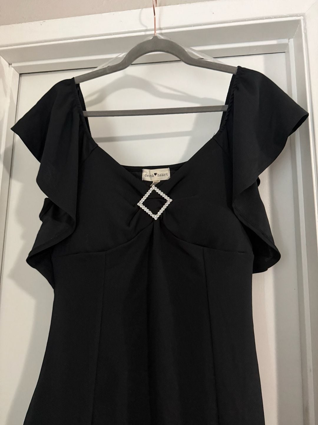 Derek Heart Women's Black Ruffle Sleeve Mini Dress with Rhinestone Brooch Detail 3