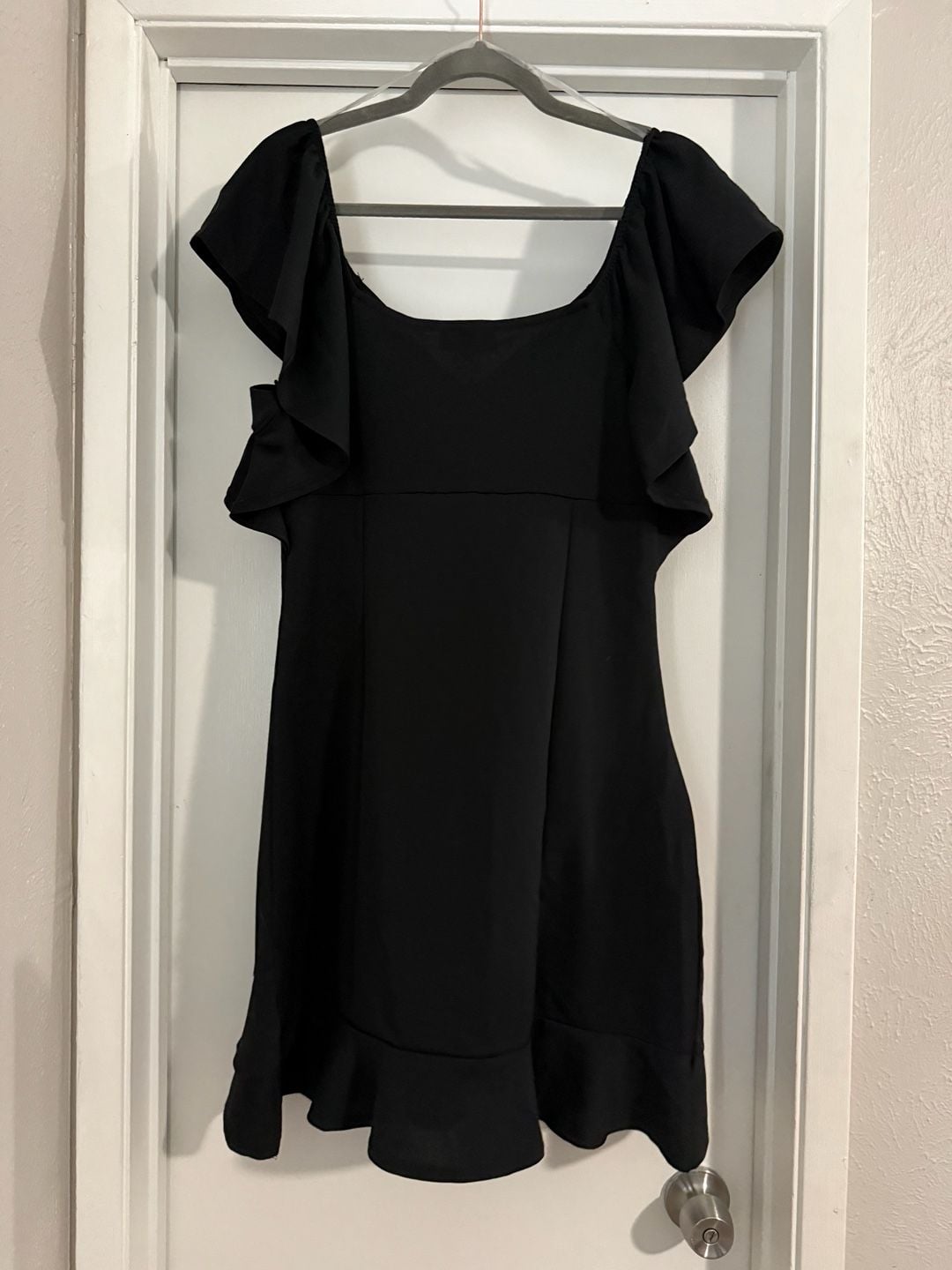 Derek Heart Women's Black Ruffle Sleeve Mini Dress with Rhinestone Brooch Detail 4
