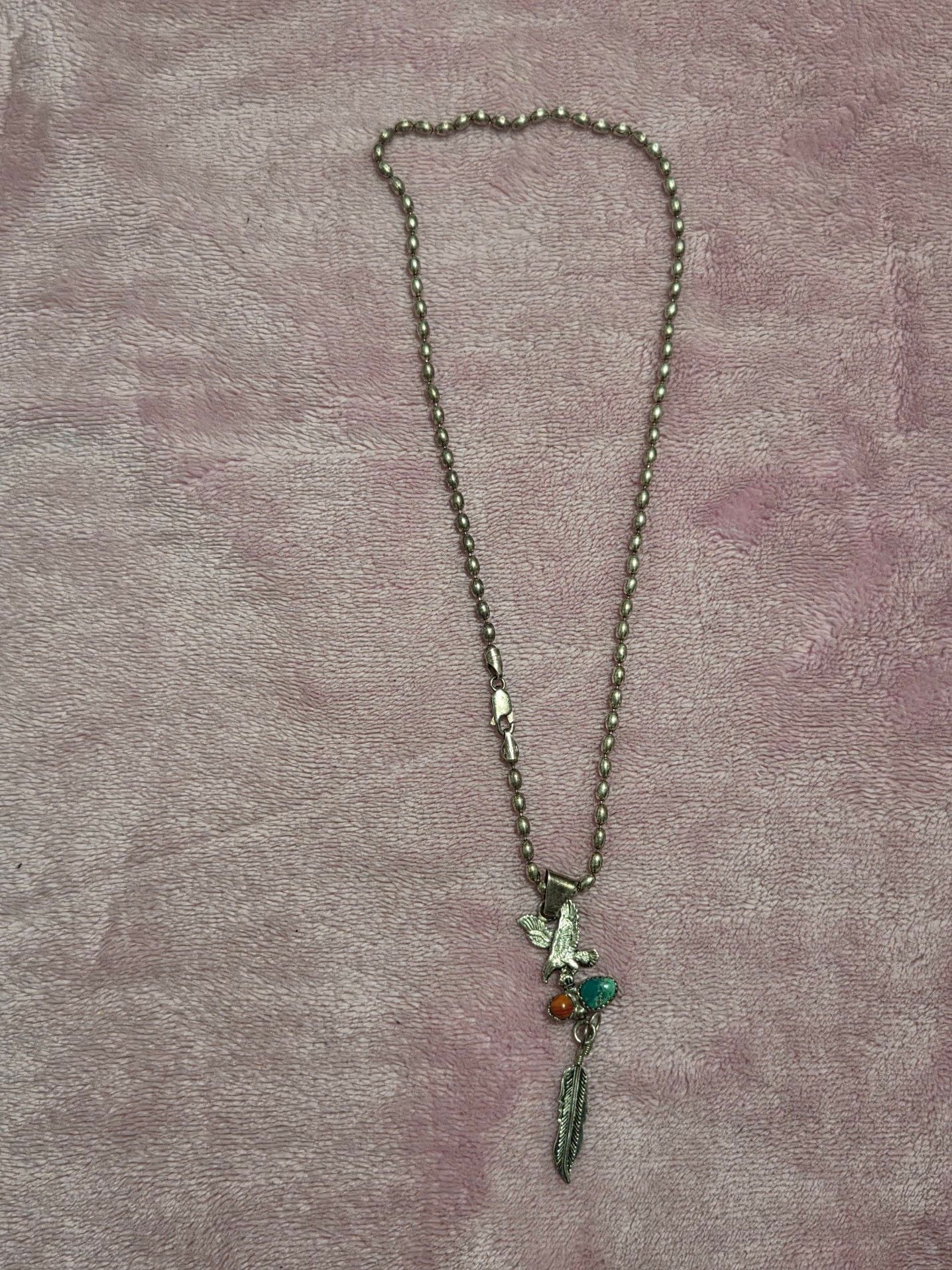 Vintage Sterling Silver Southwestern Eagle Feather Charm Necklace with Turquoise and Coral 2