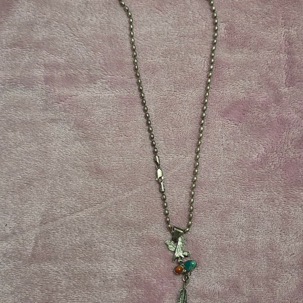 Vintage Sterling Silver Southwestern Eagle Feather Charm Necklace with Turquoise and Coral
