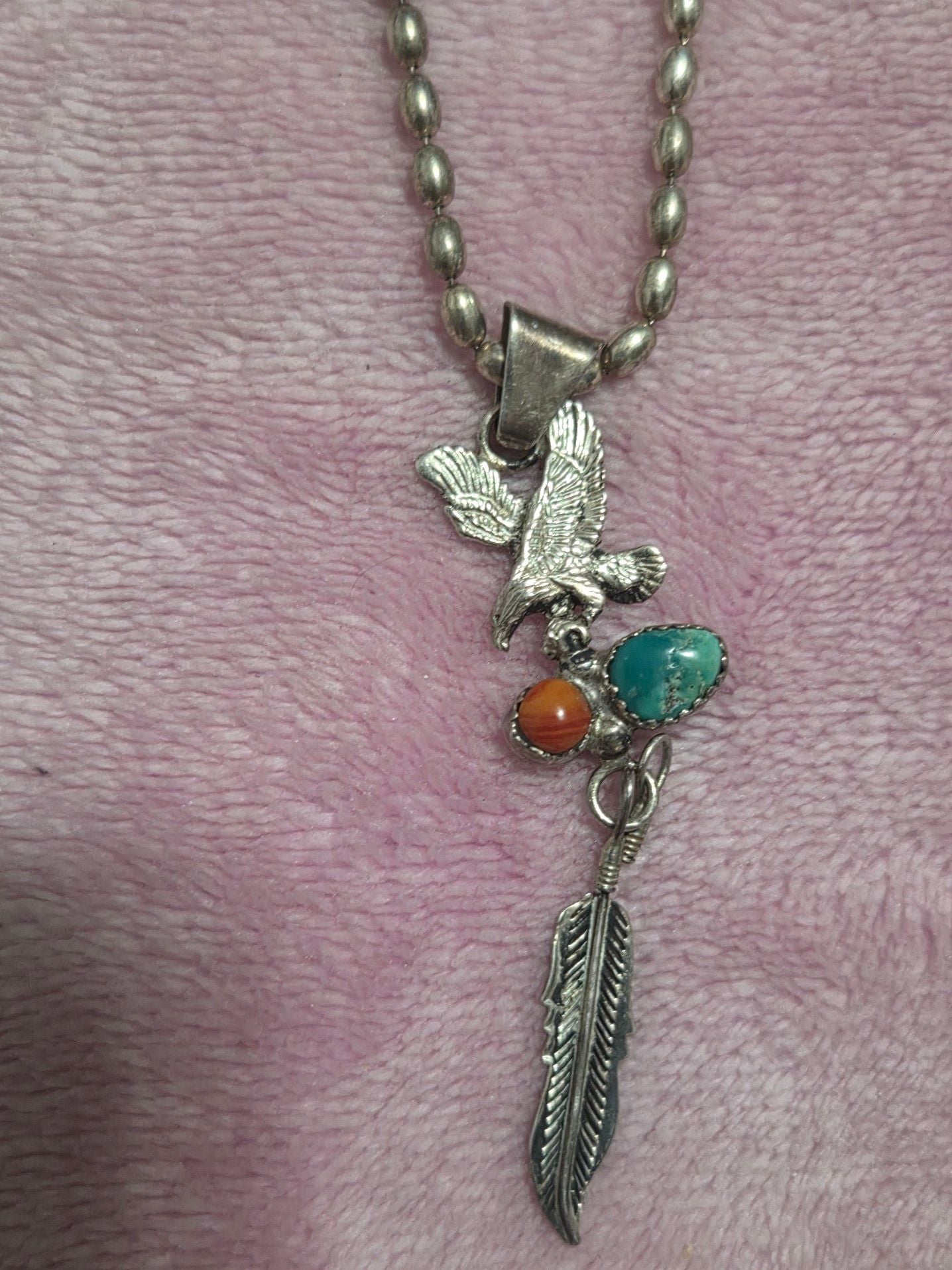 Vintage Sterling Silver Southwestern Eagle Feather Charm Necklace with Turquoise and Coral 3