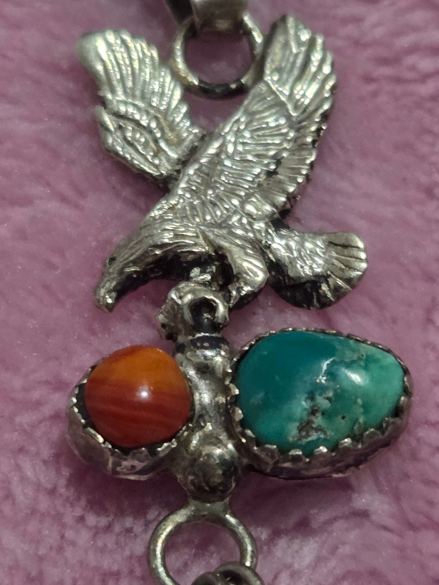 Vintage Sterling Silver Southwestern Eagle Feather Charm Necklace with Turquoise and Coral 10