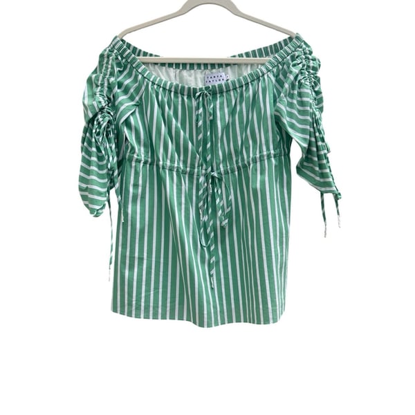 Tanya Taylor Striped Poplin Brielle Off-The-Shoulder Blouse in Green