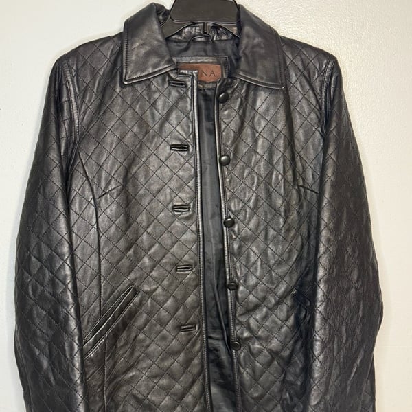 Siena Women's Black Quilted 100% Leather Button-Front Jacket Size 8