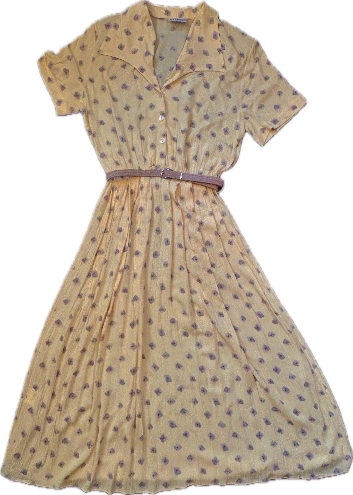 Bianco Vintage 90s Yellow Butter Mom Button-Up Maxi Printed Shirtdress w Belt 2