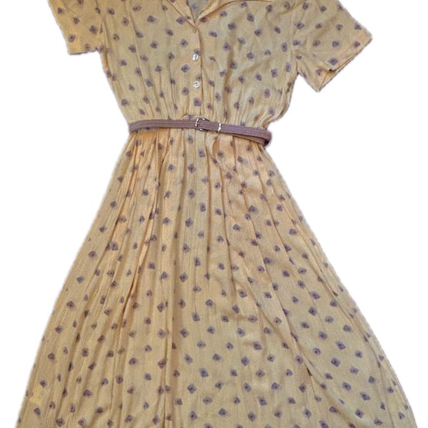 Bianco Vintage 90s Yellow Butter Mom Button-Up Maxi Printed Shirtdress w Belt