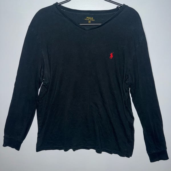 Polo Ralph Lauren Men's Black Long Sleeve V-Neck T-Shirt with Red Pony Logo