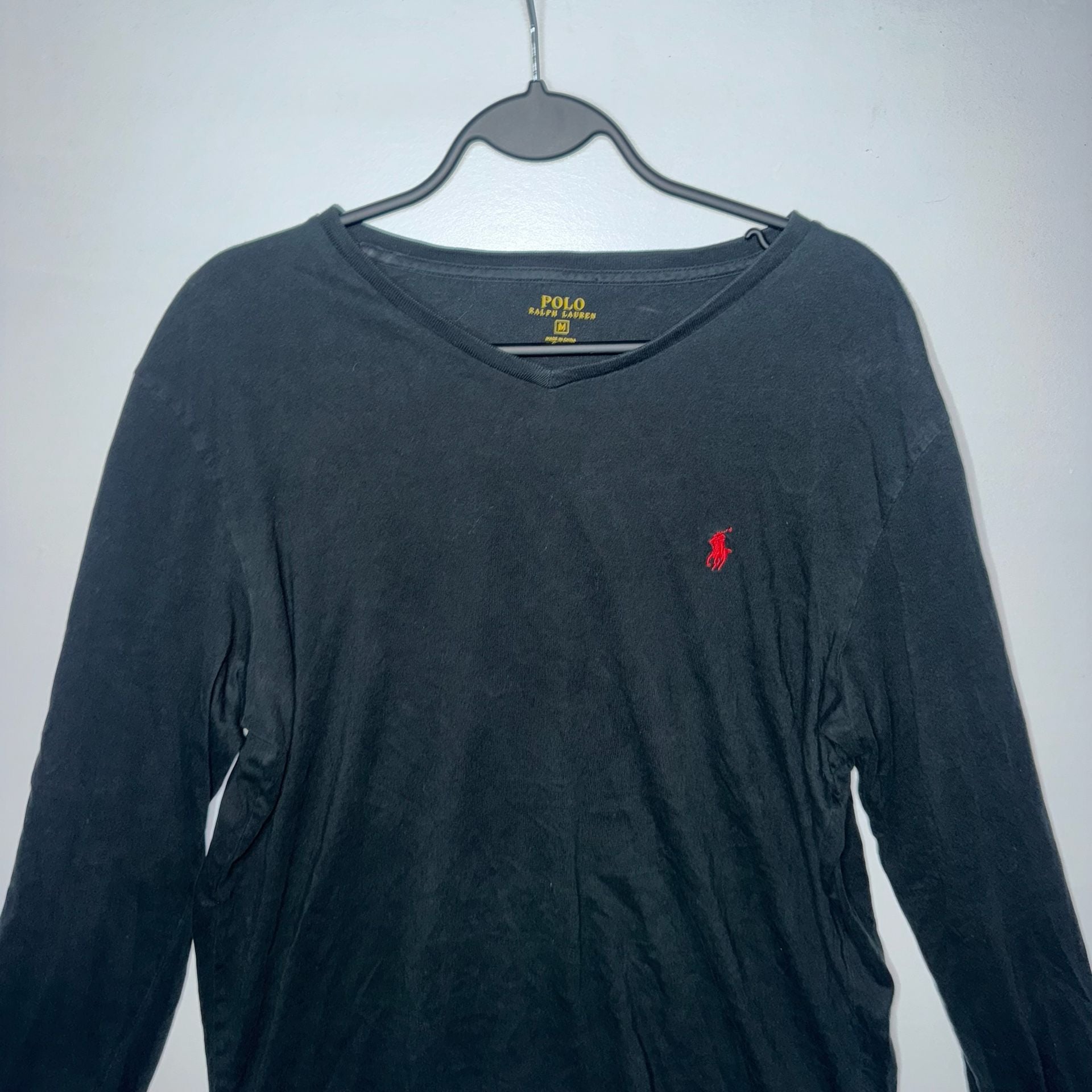 Polo Ralph Lauren Men's Black Long Sleeve V-Neck T-Shirt with Red Pony Logo 5