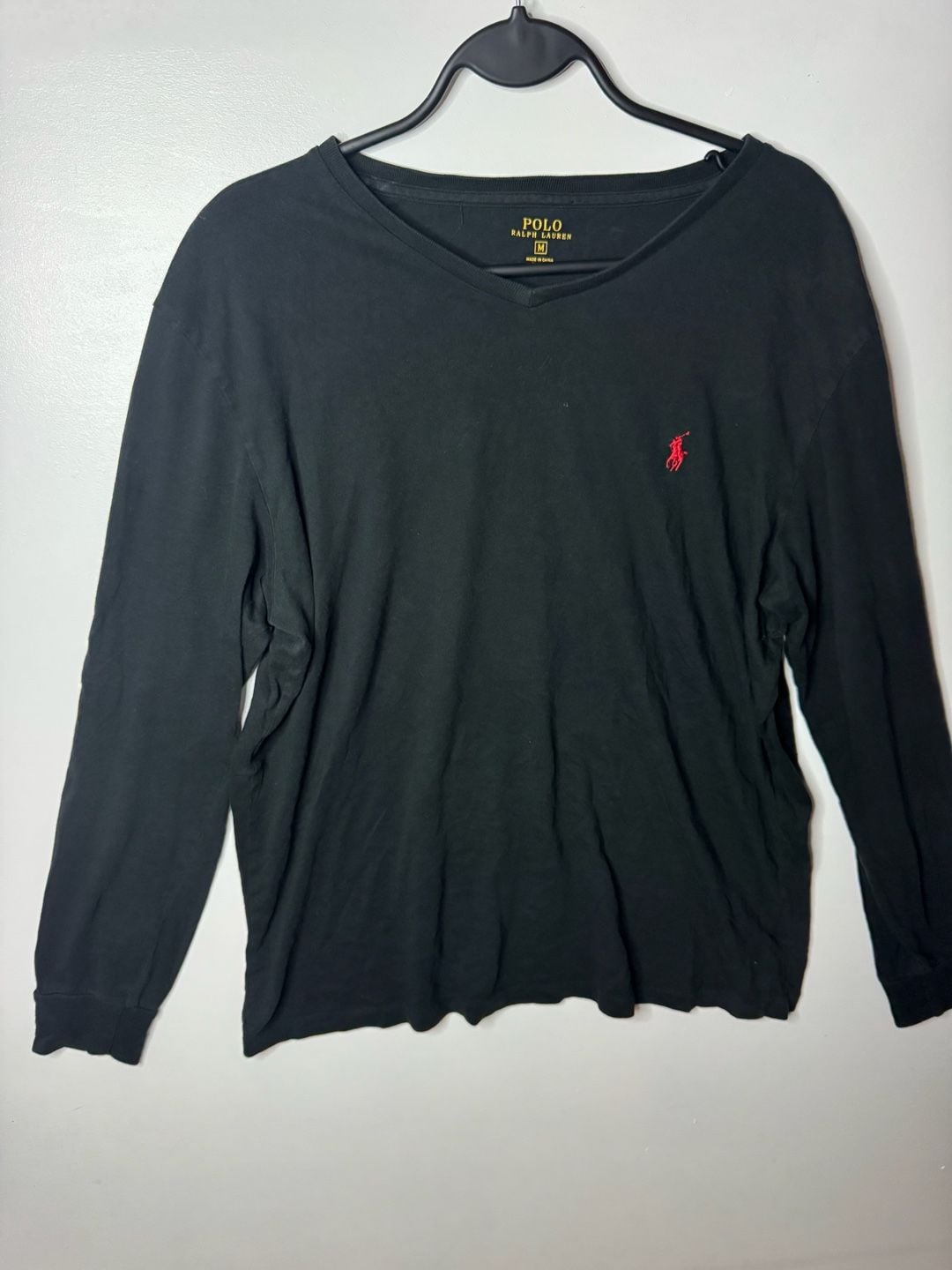 Polo Ralph Lauren Men's Black Long Sleeve V-Neck T-Shirt with Red Pony Logo 6