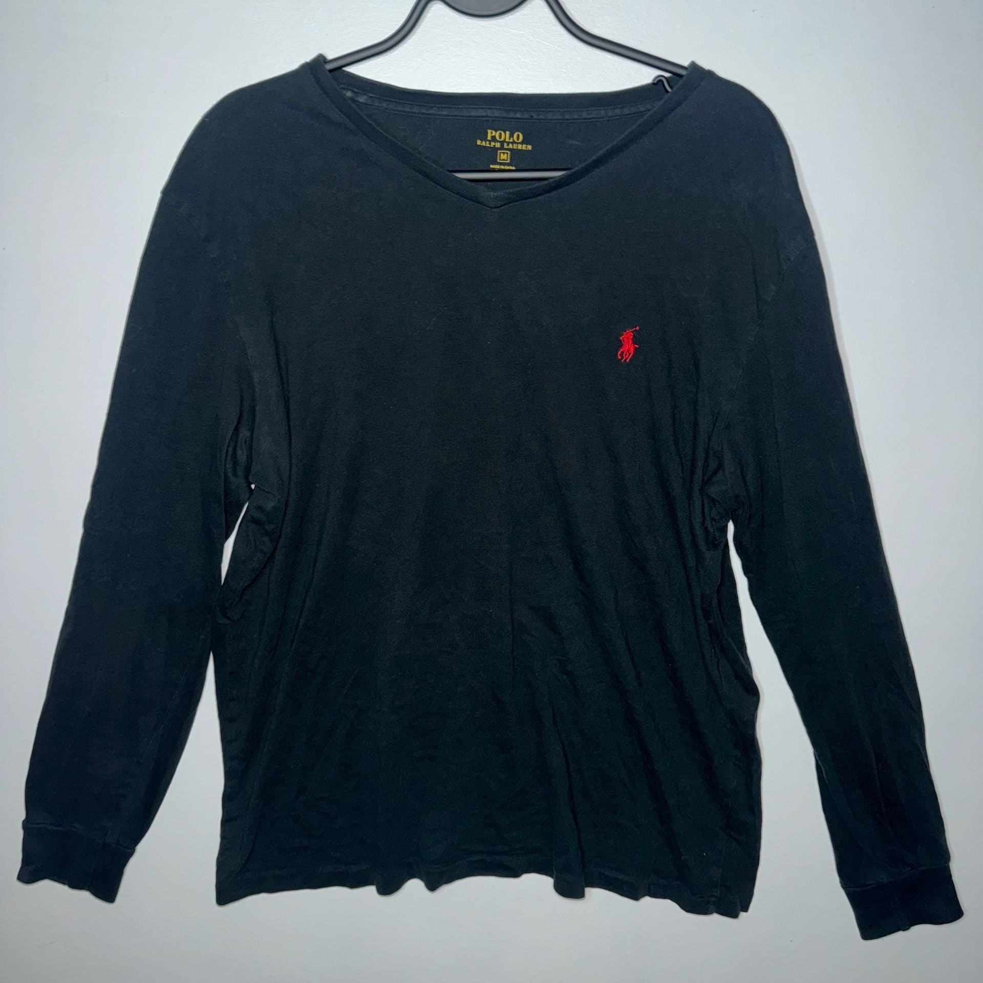 Polo Ralph Lauren Men's Black Long Sleeve V-Neck T-Shirt with Red Pony Logo 7