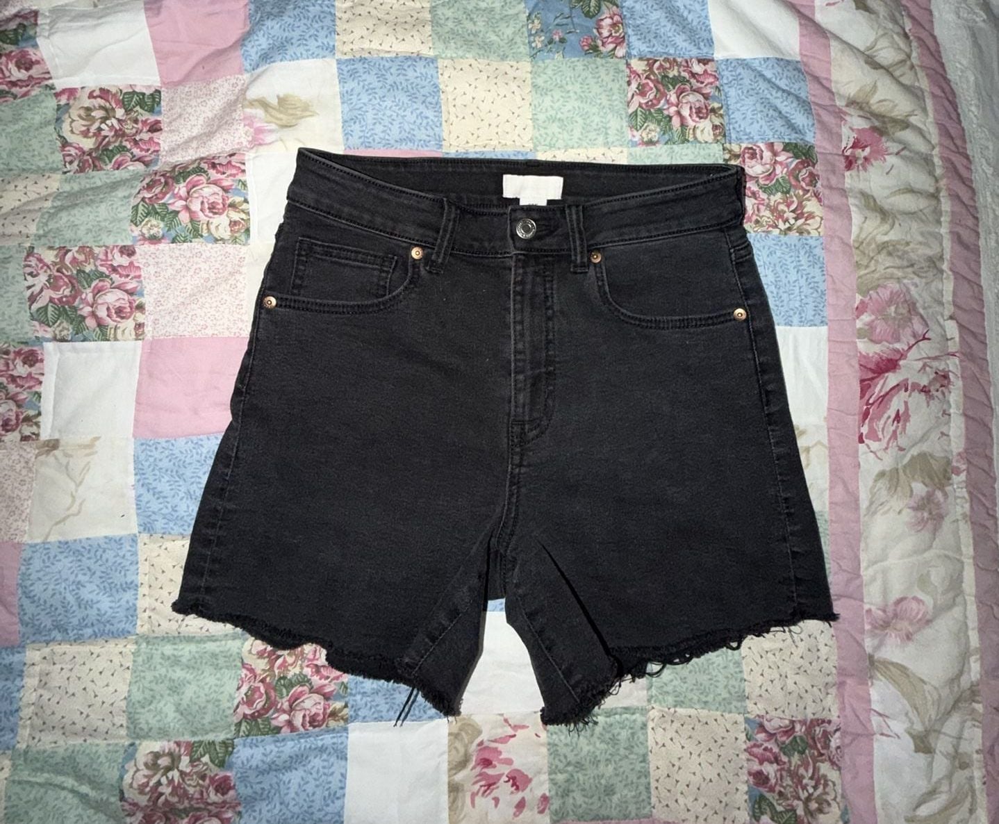 H&M Black Denim High Rise Raw Hem Shorts 2