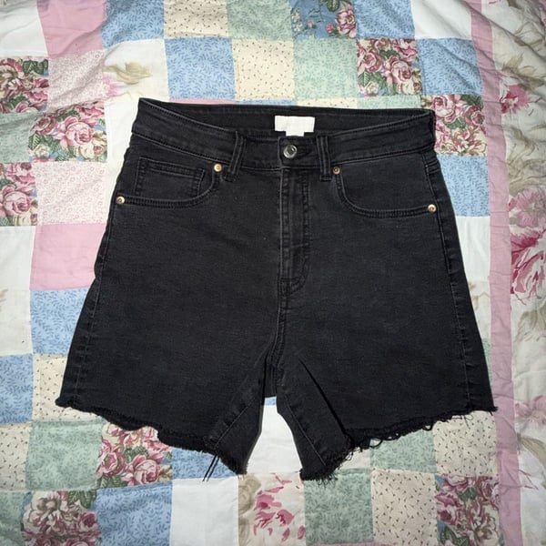 H&M Black Denim High Rise Raw Hem Shorts