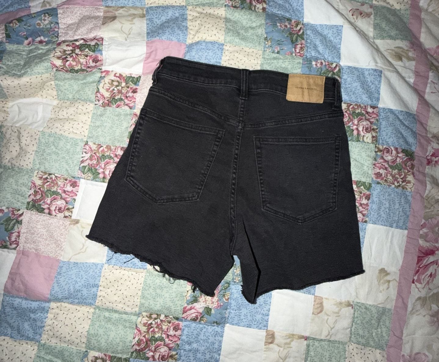H&M Black Denim High Rise Raw Hem Shorts 4