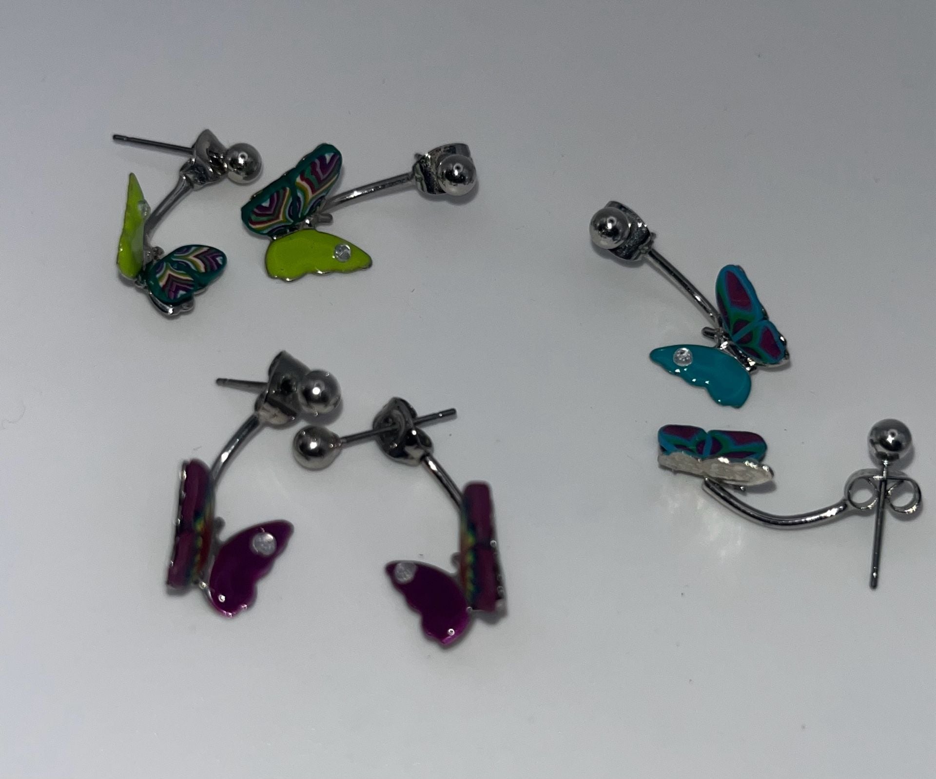 Set of 3 Multi-Colored Enamel Butterfly Ear Cuff Stud Earrings Rhinestones (A 1