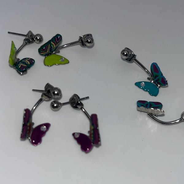 Set of 3 Multi-Colored Enamel Butterfly Ear Cuff Stud Earrings Rhinestones (A