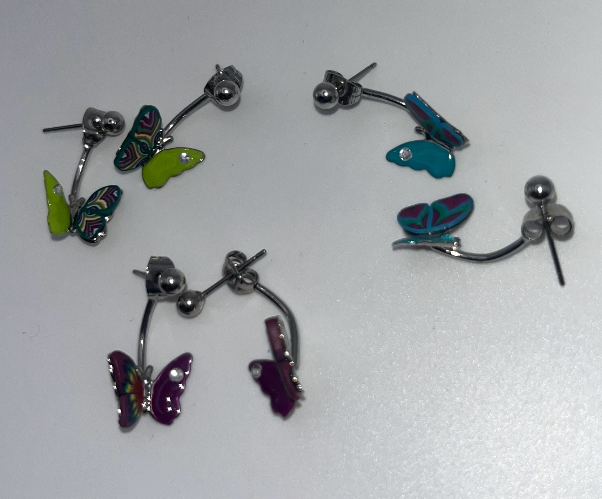 Set of 3 Multi-Colored Enamel Butterfly Ear Cuff Stud Earrings Rhinestones (A 2
