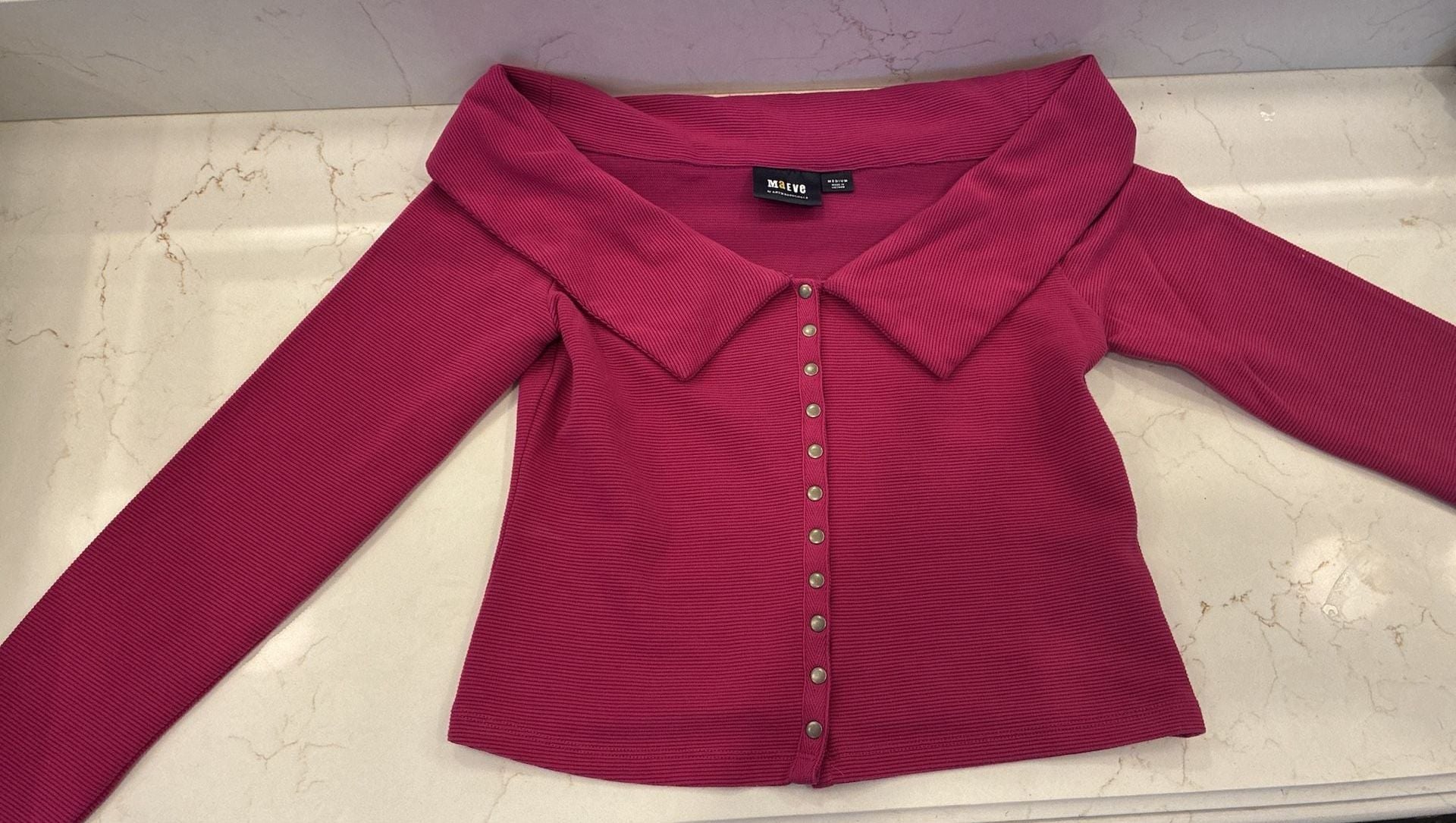 Maeve by Anthropologie Ribbed Off-The-Shoulder Snap-Front Top in Raspberry 4