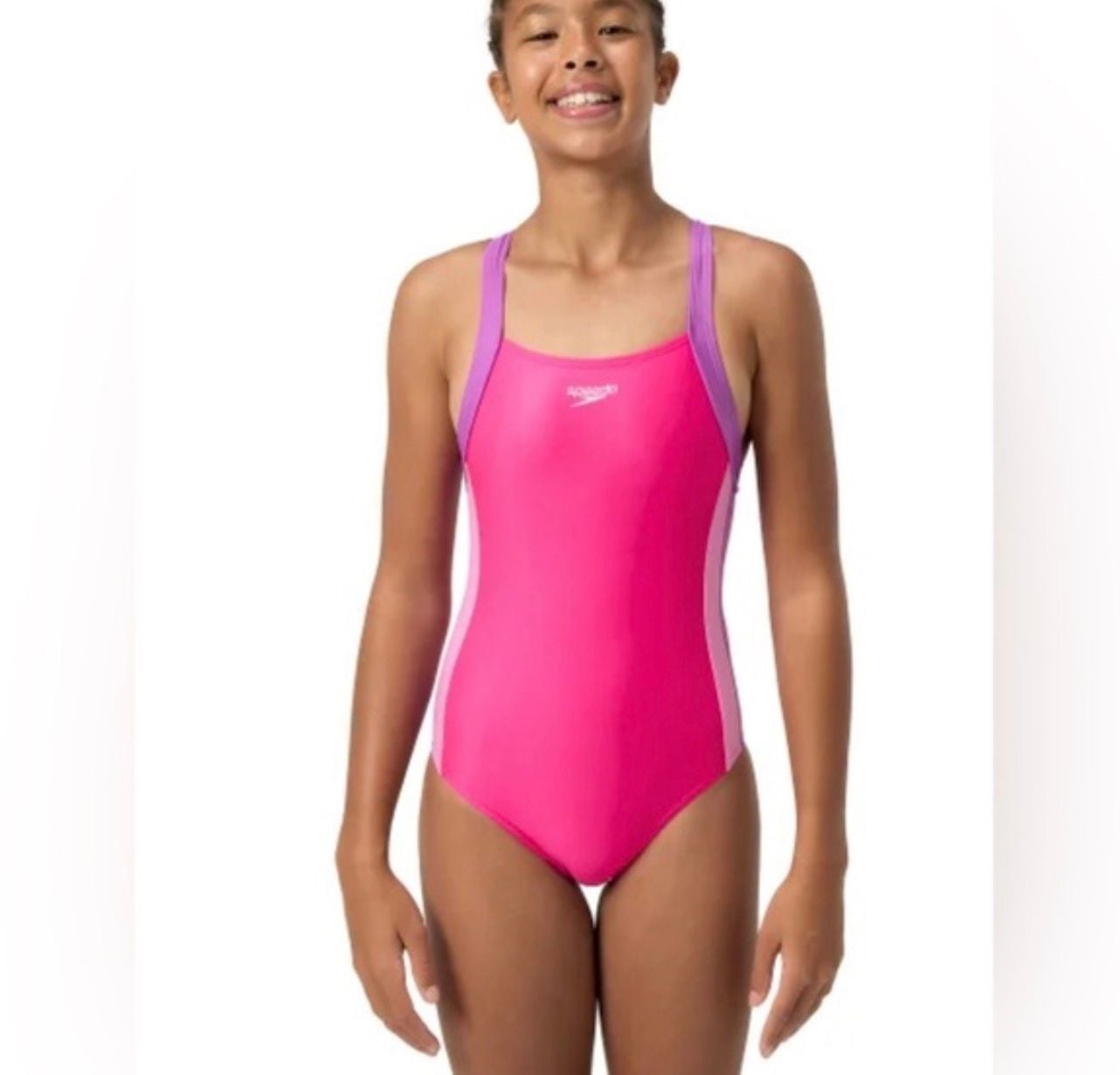 Speedo Girls Youth XL Pink Purple Infinity Splice 1 Piece Swimsuit UPF 50+ 2