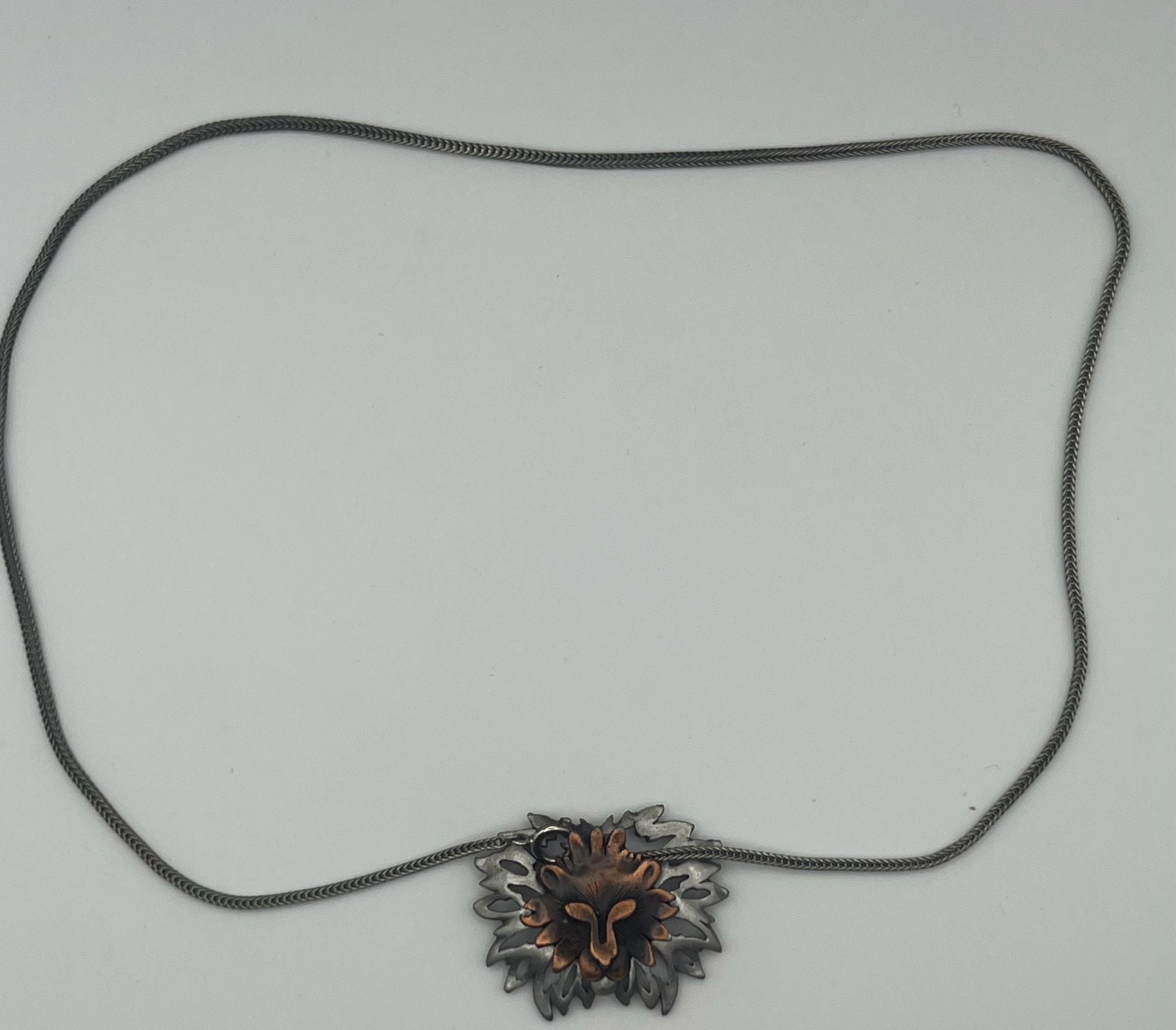 Vintage Lion Head Two-Tone Pewter and Copper Pendant Necklace 1