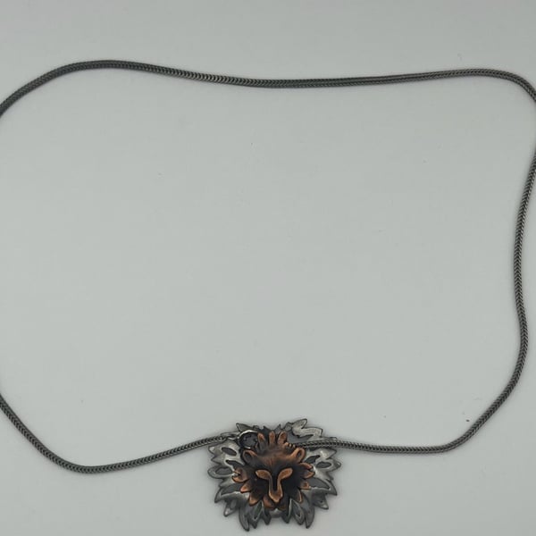 Vintage Lion Head Two-Tone Pewter and Copper Pendant Necklace