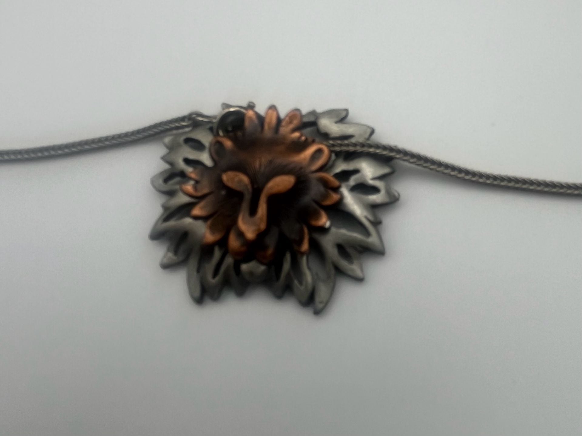 Vintage Lion Head Two-Tone Pewter and Copper Pendant Necklace 2