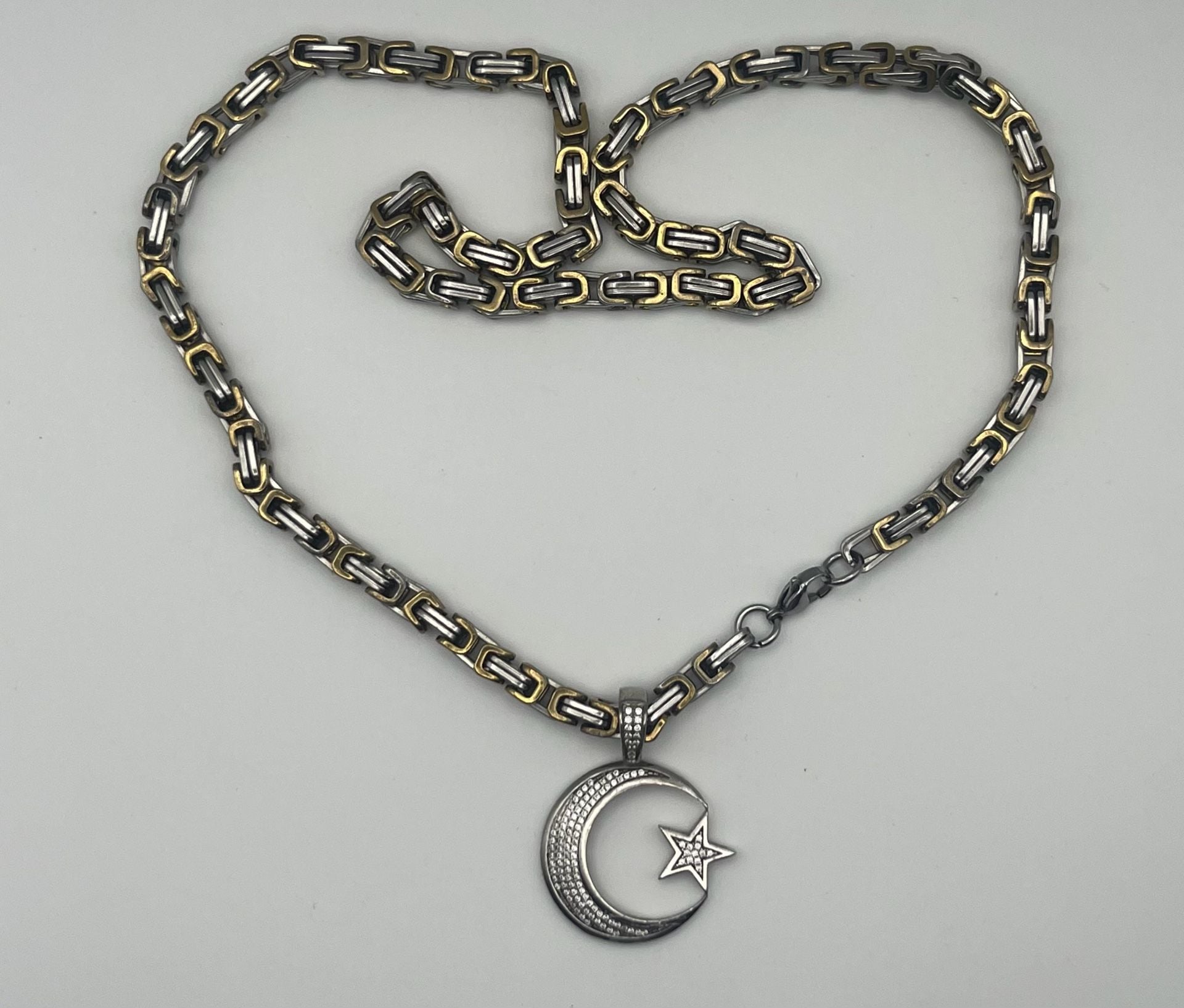 Crescent Moon Star Celestial Stainless Steel Pendant Necklace Byzantine 2
