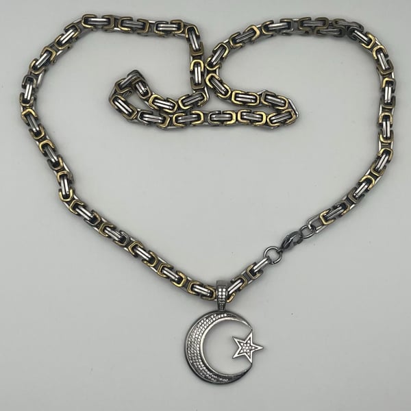 Crescent Moon Star Celestial Stainless Steel Pendant Necklace Byzantine