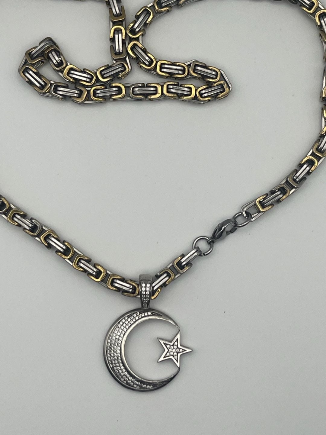 Crescent Moon Star Celestial Stainless Steel Pendant Necklace Byzantine 3