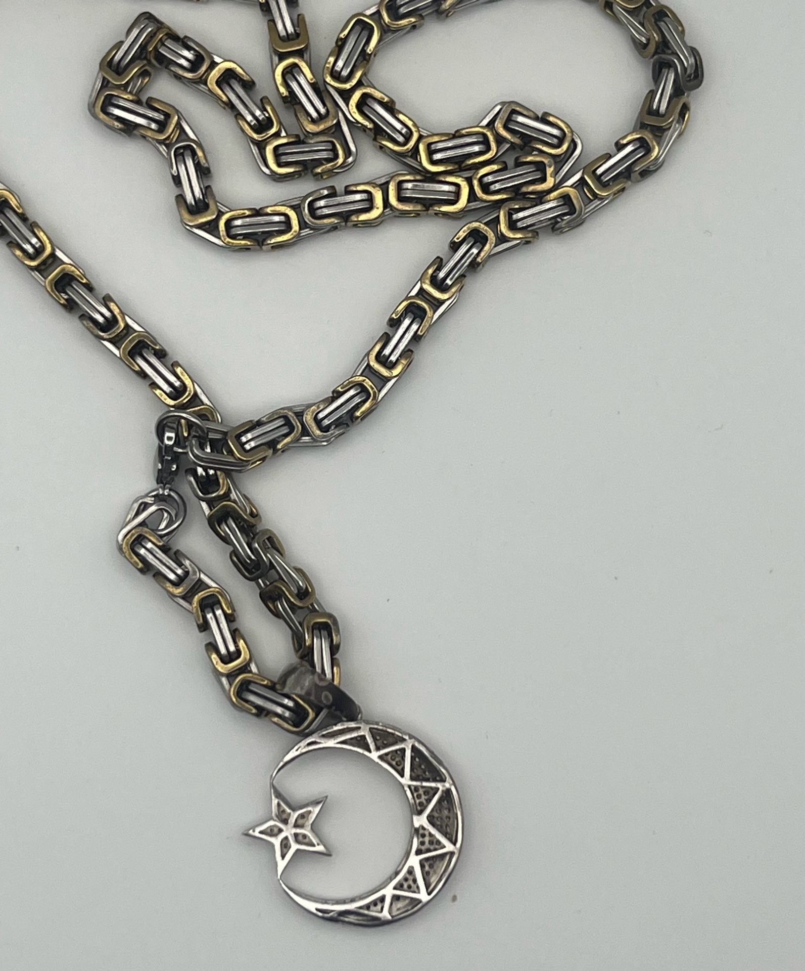 Crescent Moon Star Celestial Stainless Steel Pendant Necklace Byzantine 4