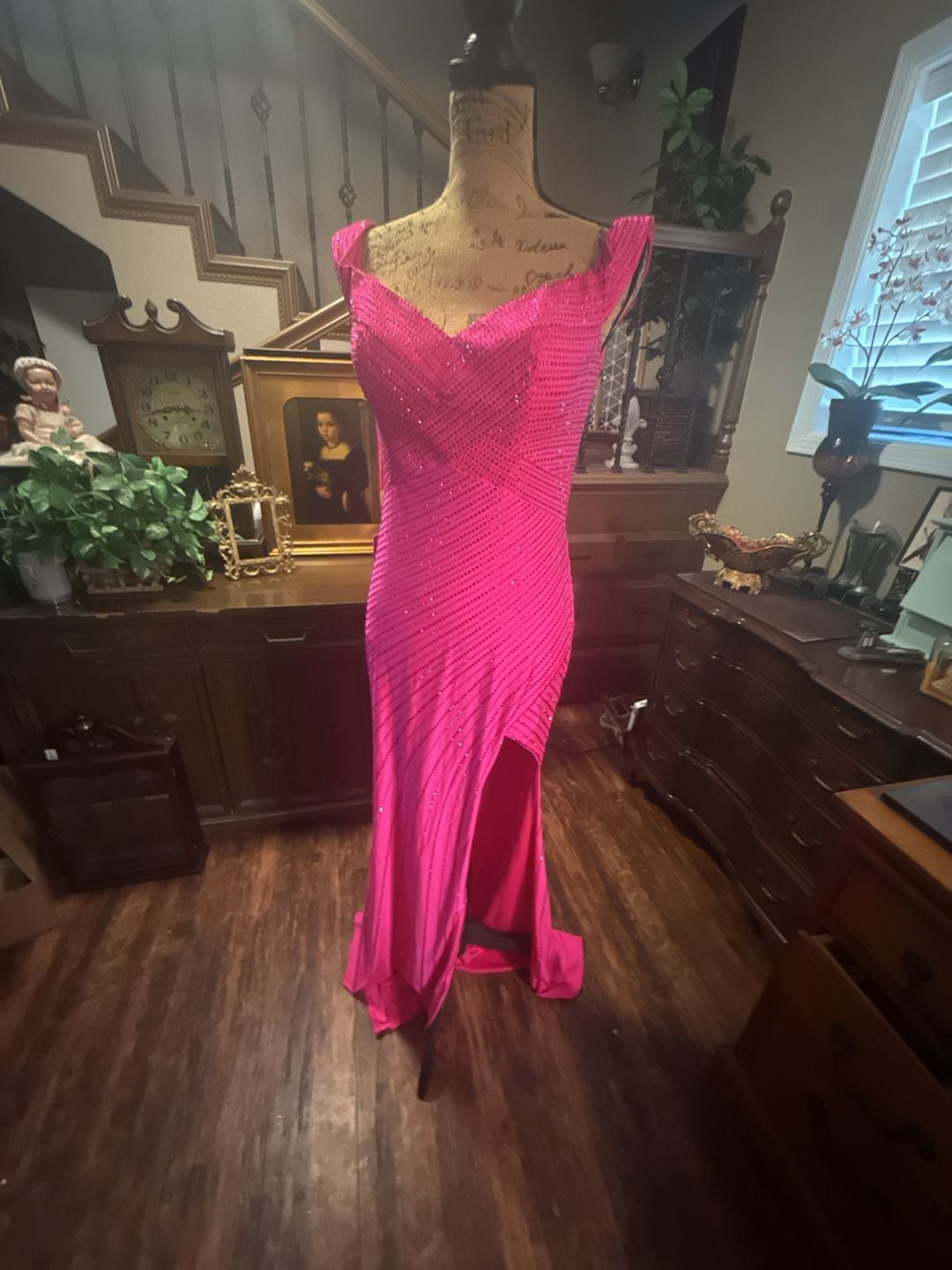 Abby Paris by Lucci Lu 90214 size 8 Fuchsia Beaded Off-the-Shoulder Prom Dress 4