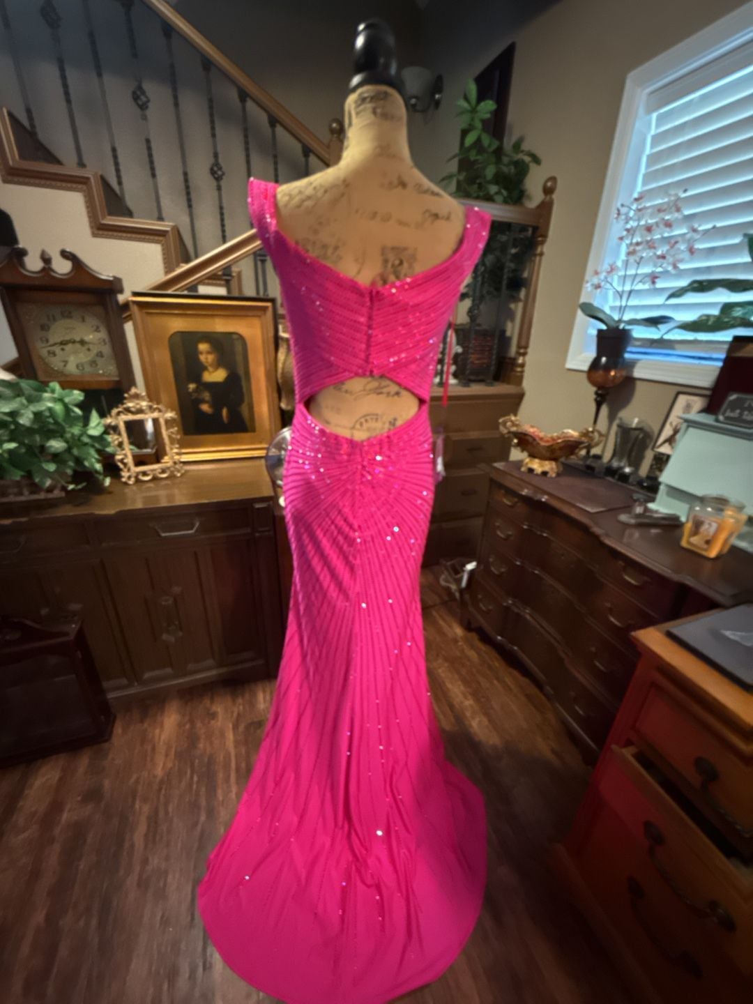 Abby Paris by Lucci Lu 90214 size 8 Fuchsia Beaded Off-the-Shoulder Prom Dress 7