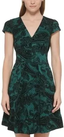 Vince Camuto Women's Teal and Black Paisley Flocked Cap Sleeve Dress 2