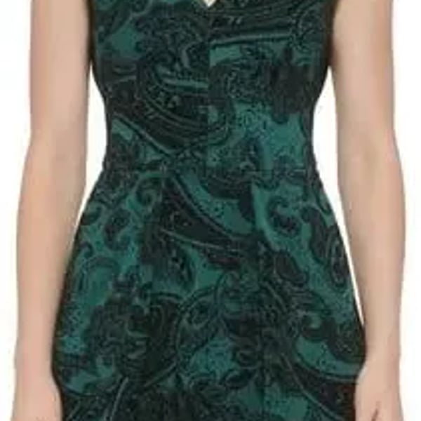 Vince Camuto Women's Teal and Black Paisley Flocked Cap Sleeve Dress